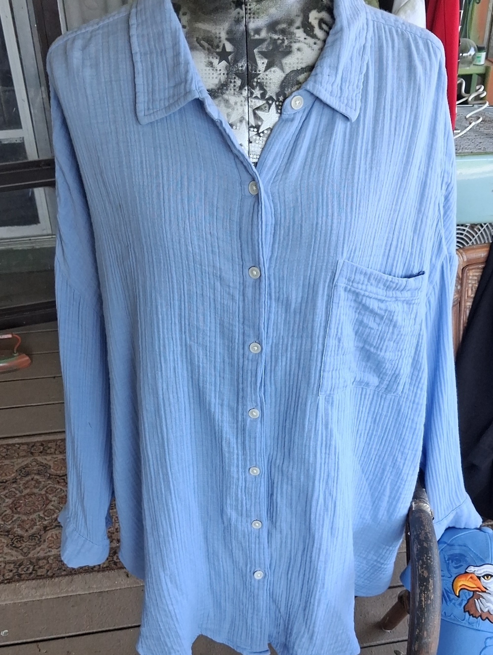 Terra & Sky Light Blue Casual Crinkled Button-Down Shirt